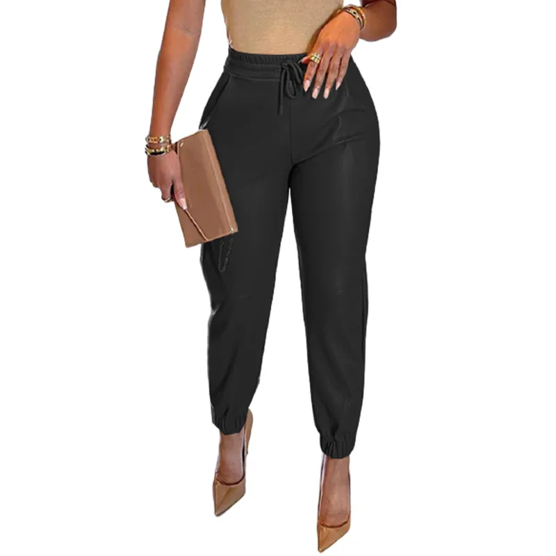 Spring and summer in Europe and the solid color draw string bag PU leather bunch of foot skin height pants female leisure fa