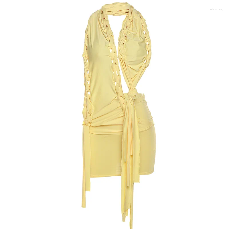 casual dresses boozrey hollow dress women sexy knot sleeveless backless halter mini bodycon summer fashion birthday party chic y2k clubwear