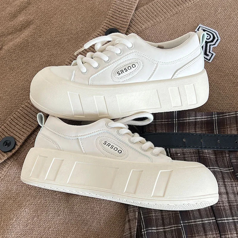Versatile Thick Bottom Casual Sneakers 2024 New Advanced Little White Solid Color Lace-up Sports Board Shoes Women