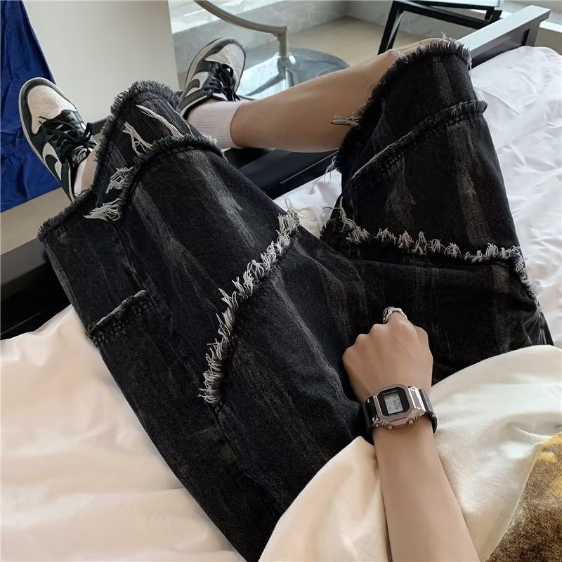 Vintage ripped denim shorts for men, loose casual five quarter plus size, trendy and versatile mid length pants, summer slim fit