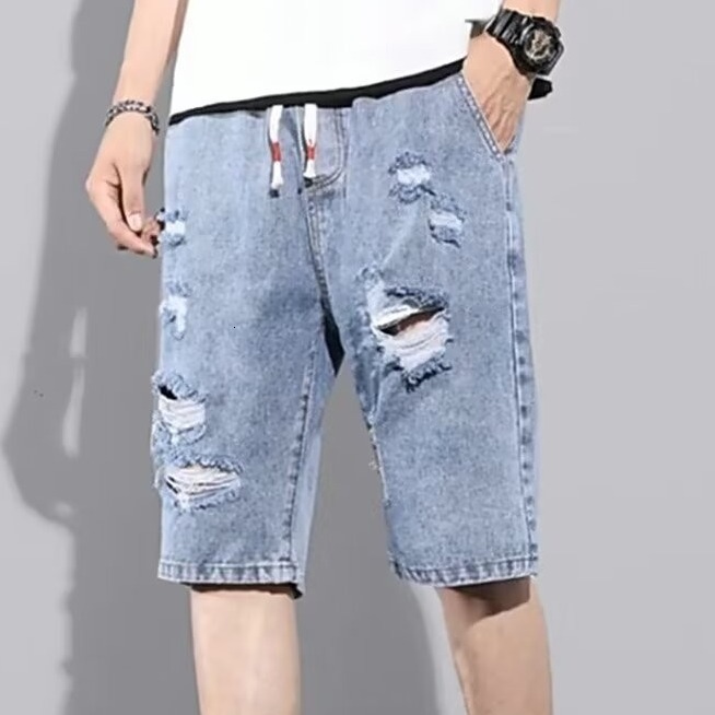 Punched denim shorts soft, comfortable, durable trendy brand ins men's casual five point mid length pants