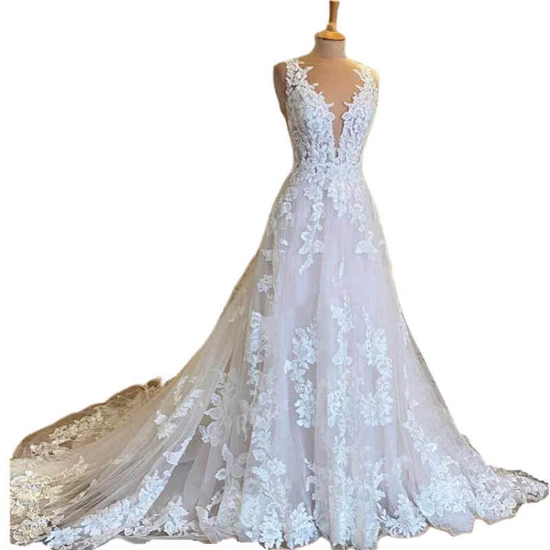 Exiqute A-Line Lace Appliques Wedding Dresses Backless Sleeveless Long Ivory Tulle Bridal Gown Sheer V-Neck Country Boho Bride Dress