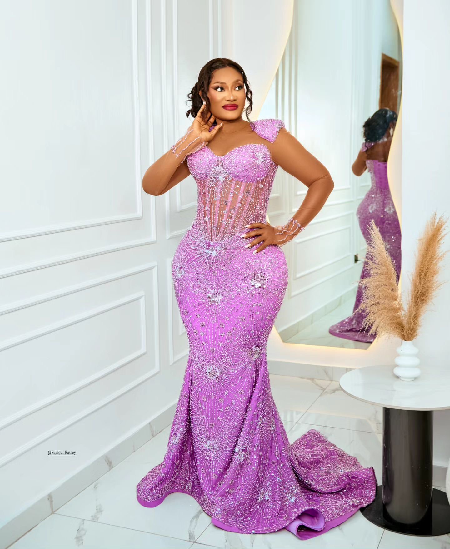 2024 Plus Size Lilac Mermaid Prom Dress Fulllace Promdress Beaded Full Sleeves Evening Formal Party Second Reception Birthday Engagement Gowns Dresses