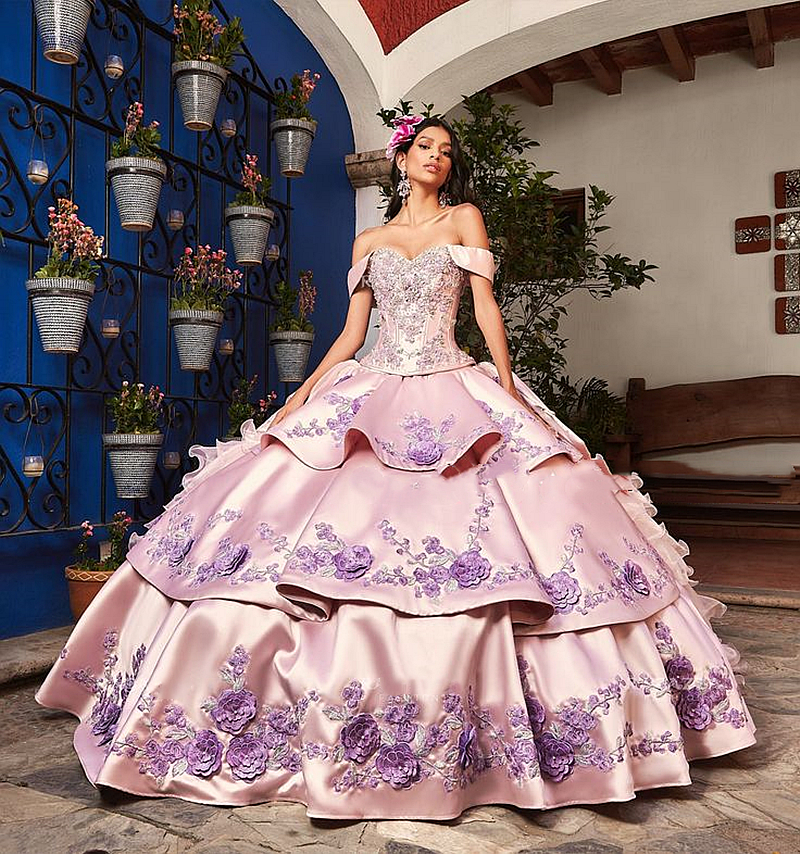Princess Pink Quinceanera Dresses Tiered 3D ral Appliques Detachable Long Train Bow Back Off Shoulder Corset Charro Prom Birthday Dress Sweet 16 Gowns