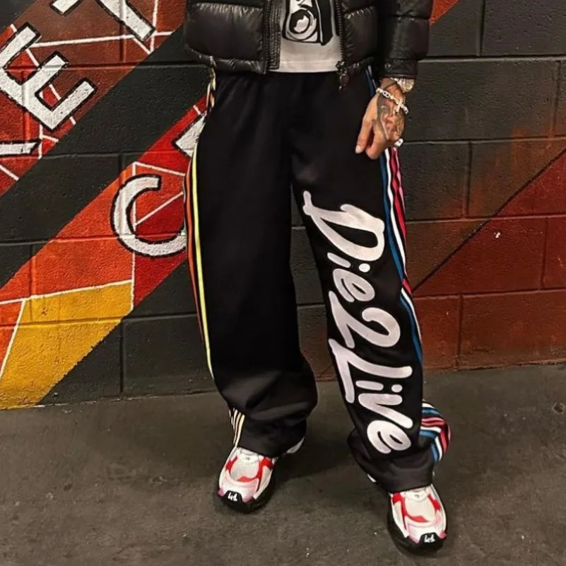 High Street Fashion Colorful Striped Letter Print Oversized Casual Pants Men Y2k Harajuku Retro Gothic Rock Straight Pants Women 240712