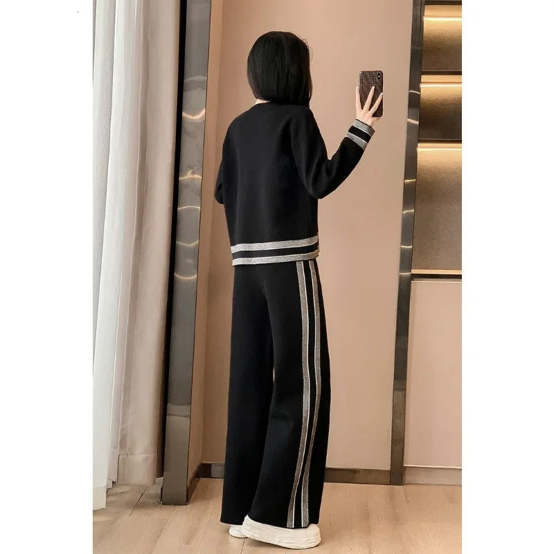 Womens casual pants set sportswear fashionable round neck long sleeved pullout loose wide leg Trouser 2piece track 240718