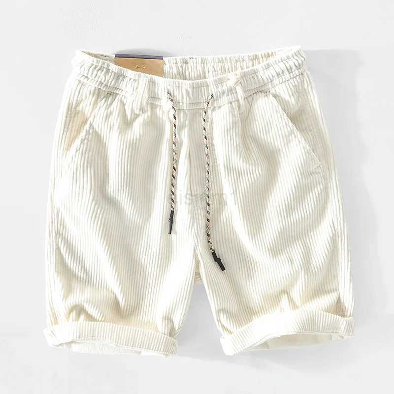 Mens Summer Instagram Corduroy Drawstring Shorts Fashion Strip Velvet Casual Capris Short Pants M240720