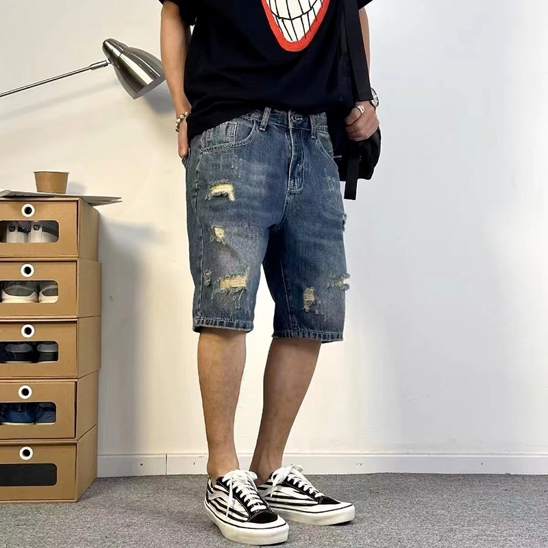 Ripped denim shorts men's summer American trend casual big size high street five quarter pants
