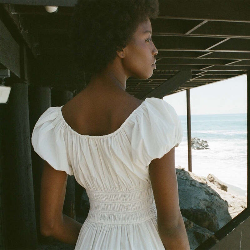Summer New Style Solid Color Square Neck Pure Cotton Holiday Waist Mid Length Dress French Female Short Waist Self Cultivation Sexy SKINNY DRESS Silk 