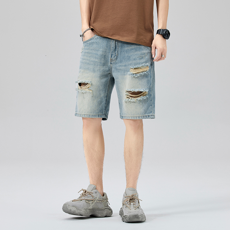 2024 Summer American Light Blue Washed Piercing Trendy Brand Denim Five Cent Shorts Men's Wear
