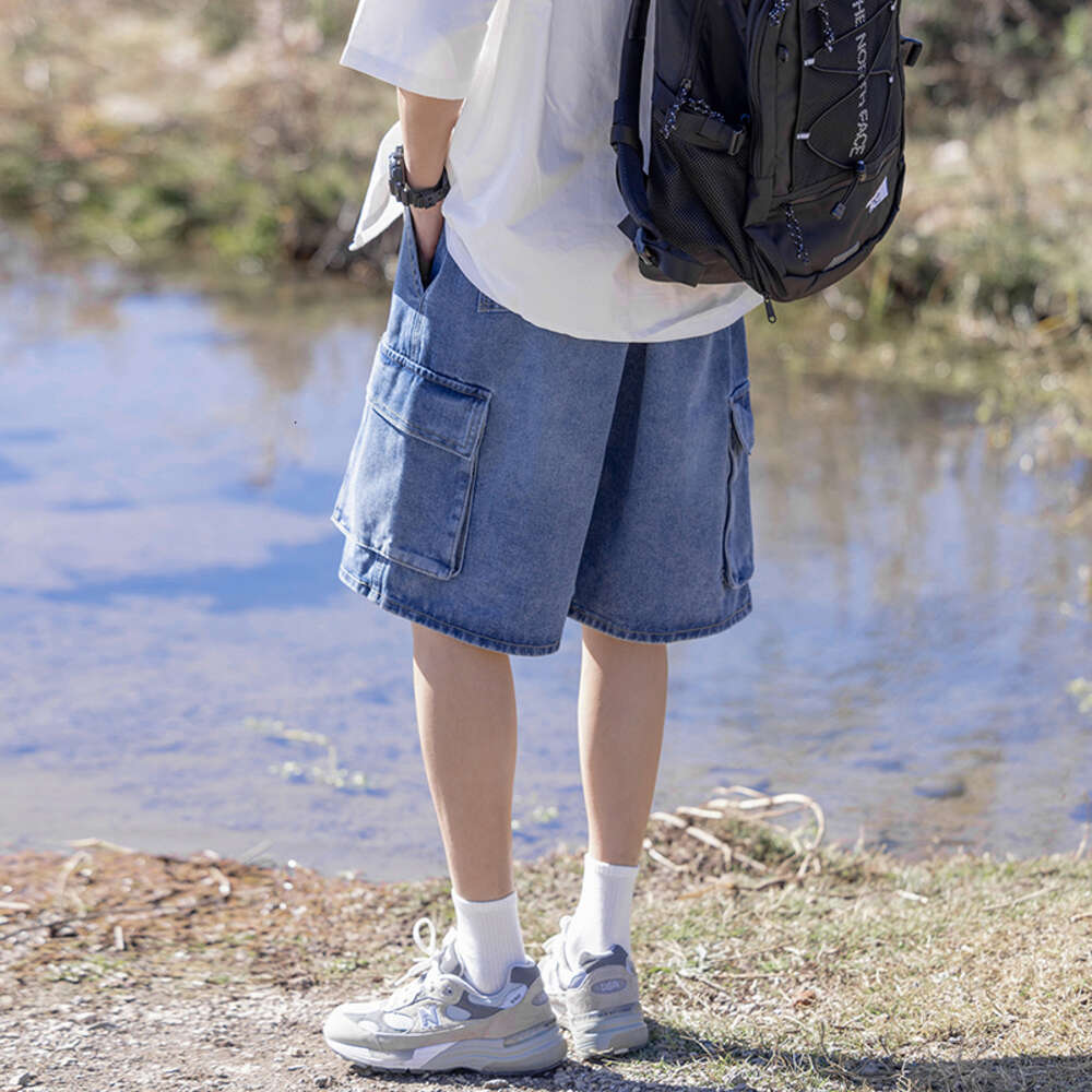 Summer new trend five quarter denim men, loose workwear, elastic waistband, lace up shorts for men