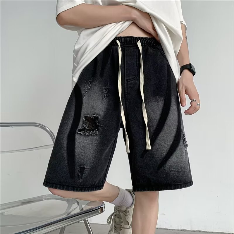 Yellow mud ripped hole American high street Vibe trendy brand denim shorts men's West Coast cement color 5-point pants summer thin