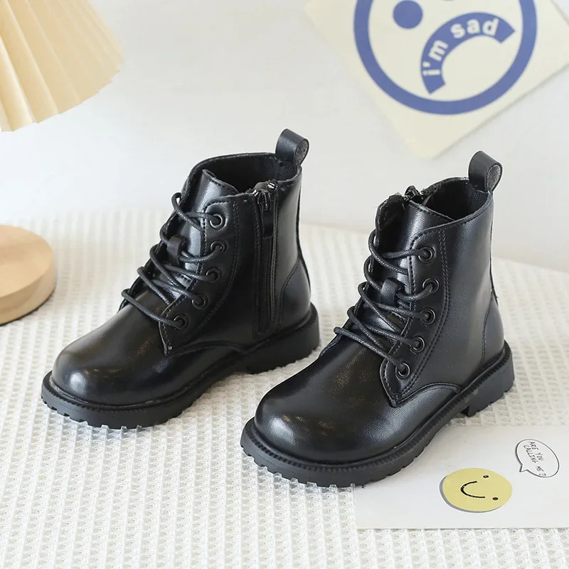 Kids Shoes for Girls Boots Fashion Solid Color Boys Leather Shoes Spring Autumn Children Student Boots 240710