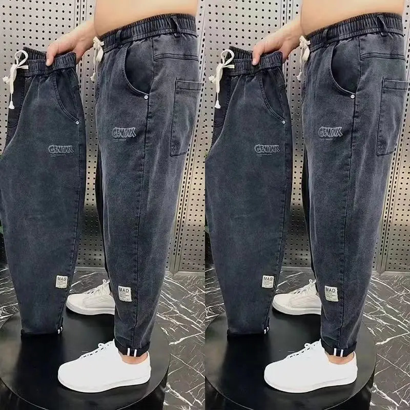 Harajuku Stretch Korea Streetwear Loose Solid Denim Jeans Elastic Waist for Men Spring Summer plus size 7XL 8XL Casual Pants 240715