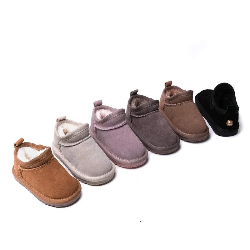 Kids Genuine Cowhide Snow Boots Winter Baby Soft Warm Cotton Shoes With Plush Boys Girls One Fur Suede Boots Princess Retro Boot 240710