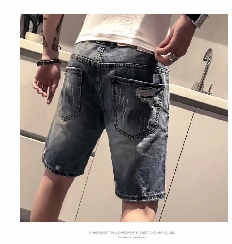 Summer thin denim shorts men's loose cropped pants, casual oversized elastic waist with holes, stretch Korean version for external wear