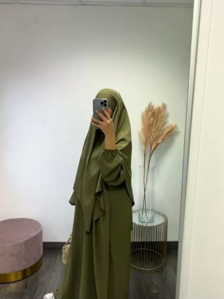 Eid Muslim Women Long Khimar 2 Piece Set Abaya Dress Prayer Garment Hijab Full Cover Islamic Ramadan Kaftan Djellaba 240712