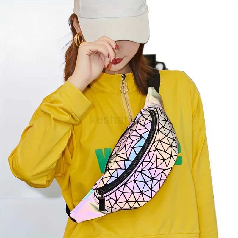Womens fashion waist bag Holographic Geometry luminous folding chest / crossbody bagXJ240720