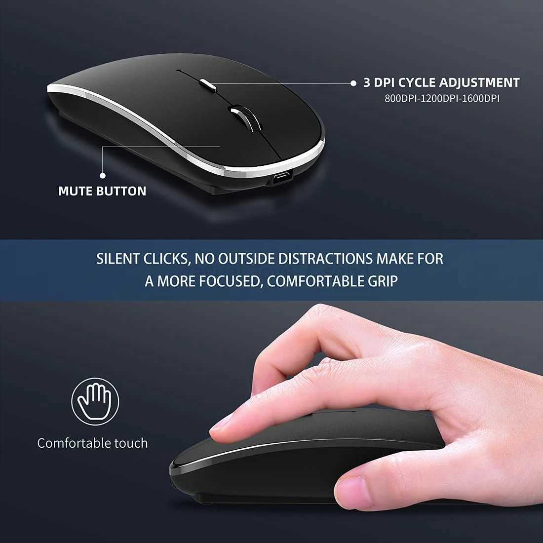 Wireless Mouse Chargeable Portable Silent USB and Type-C Dual Mode Mouse 3 Adjustable DPI for Laptop Mac MacBook Android PCCL240720