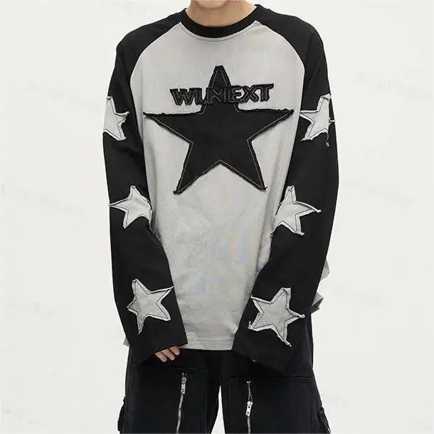 Harajuku Star Embroidery Y2K Pullover Womens Contrast Patch Harajuku Dress Long Sleeve Preppy Long Sports Top 240716