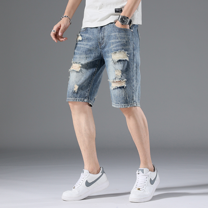 Broken hole denim shorts trendy brand ins summer outerwear loose five quarter men's design sense niche mid length pants
