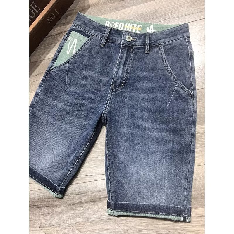 Denim shorts summer new thin five quarter trendy brand printed casual mid pants men's wash