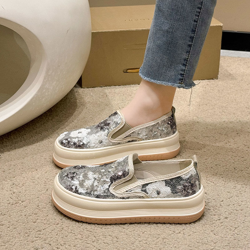 Luxury designer shoes in black and white Women New Design Shining Thick Sole Canvas Shoes Casual Soft Sliver Free shipping