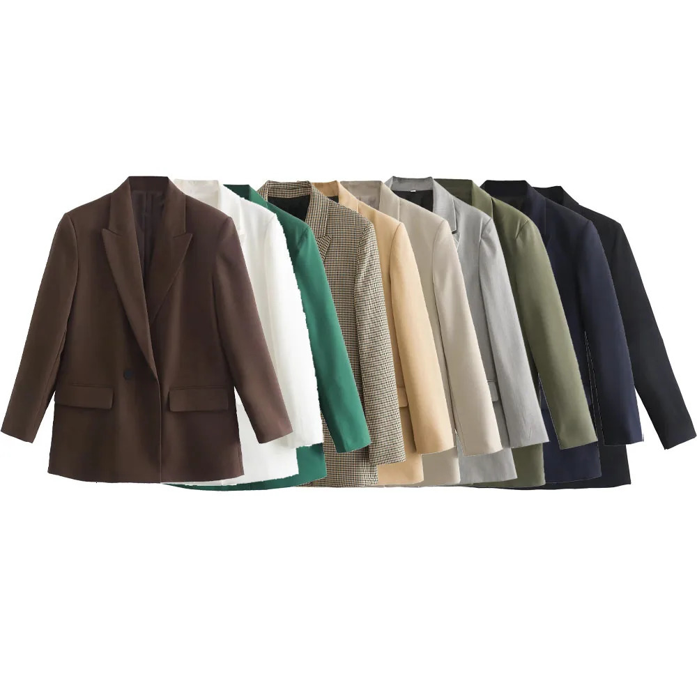 Spring Product Womens Retro Casual Versatile Polo Collar Long sleeved Double breasted Loose Suit Coat 240715