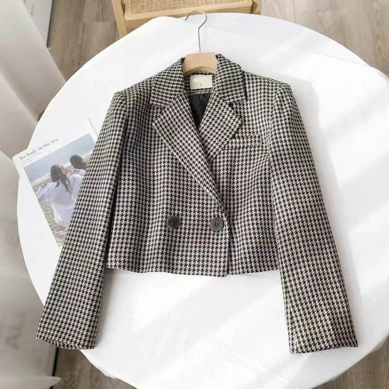 Vintage Plaid Crop Blazer Top Chic Elegant Office Clothing Spring Autumn Lady Suit Jacket Women Double Breasted Coats 240715