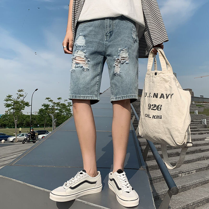Broken hole casual five quarter summer Korean outdoor shorts teenage men's pants college style jeans