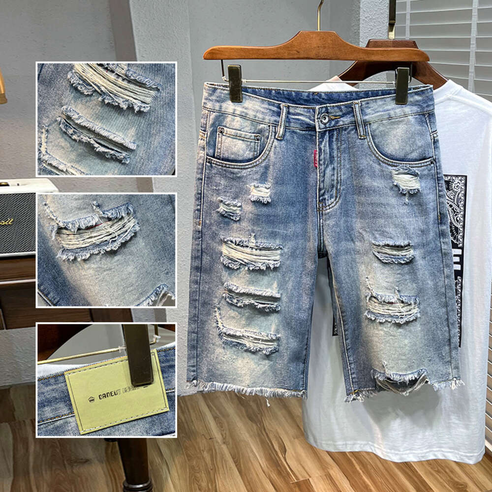 High end summer shorts for men, trendy ripped straight leg denim five quarter pants, 2024 new men's mid length pants