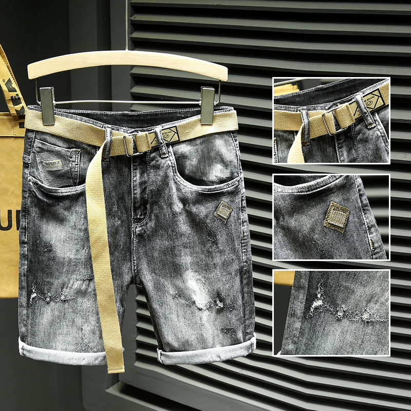 Trendy denim men's 2024 summer new high-end light luxury embroidered elastic shorts with belt