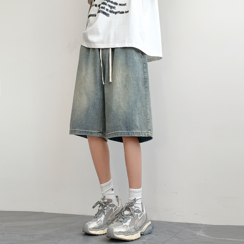 Denim men's summer trendy loose straight leg shorts, American casual capris