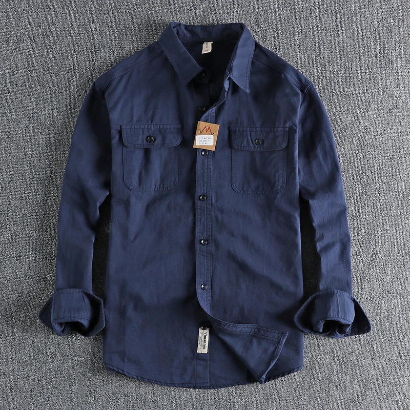 100% Cotton Plain Workwear Shirts for Men Spring Autumn Simple Basic Blank Long Sleeve Blouse Casual Loose Retro Fall Daily Tops 240715