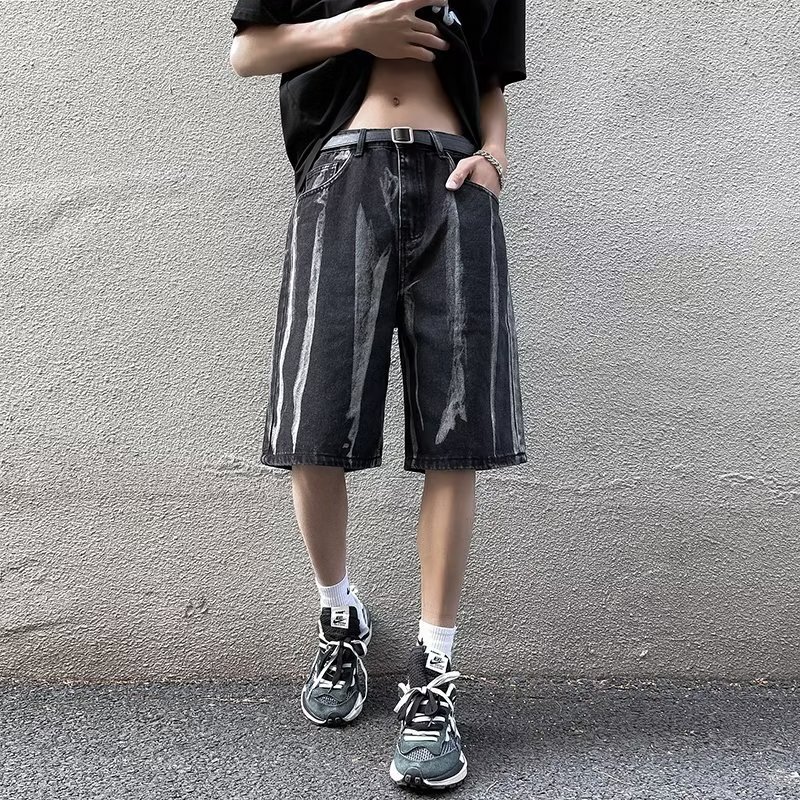 Trendy brand tie dyed denim straight leg capris, summer loose pants, men's shorts, American high street pants