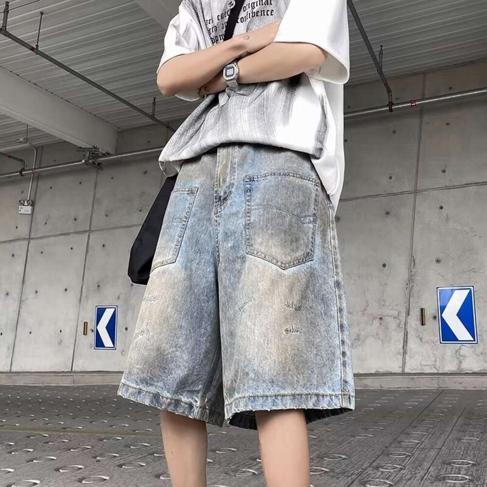 Summer denim thin casual workwear shorts, loose straight leg men's washed five point jeans