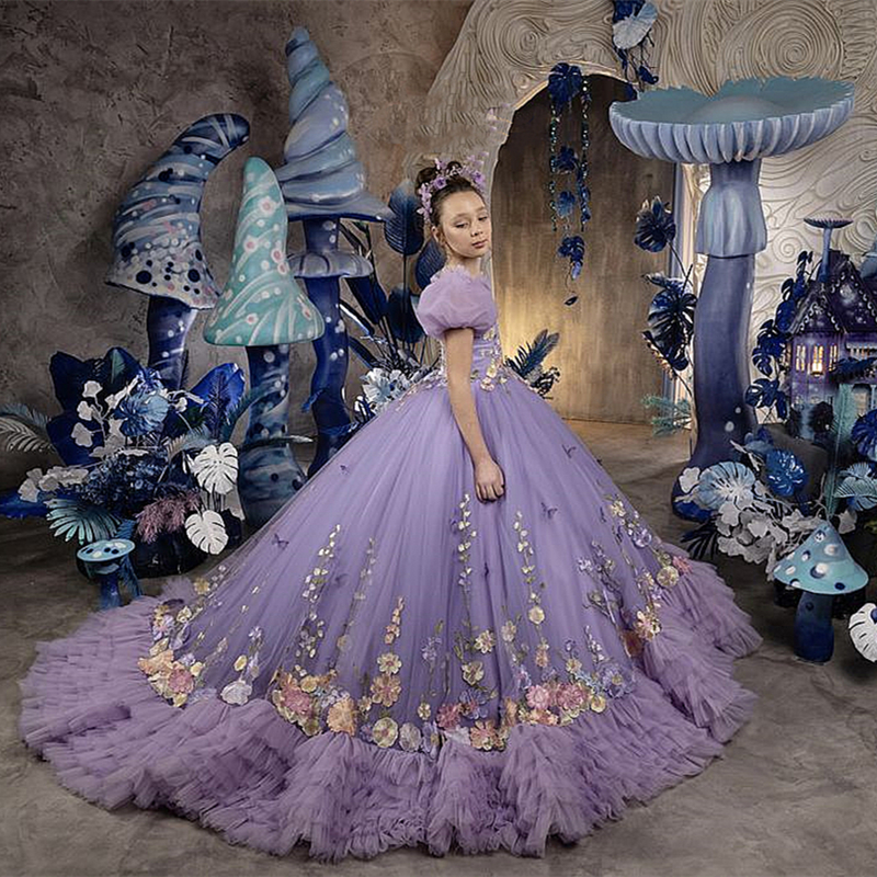 2024 Princess Flower Girls Dresses Puff Sleeves Floral Lace Appliques Ruffles Tiered Ball Gown Wedding Party Gowns Toddler Prom Pageant Birthday Quinc
