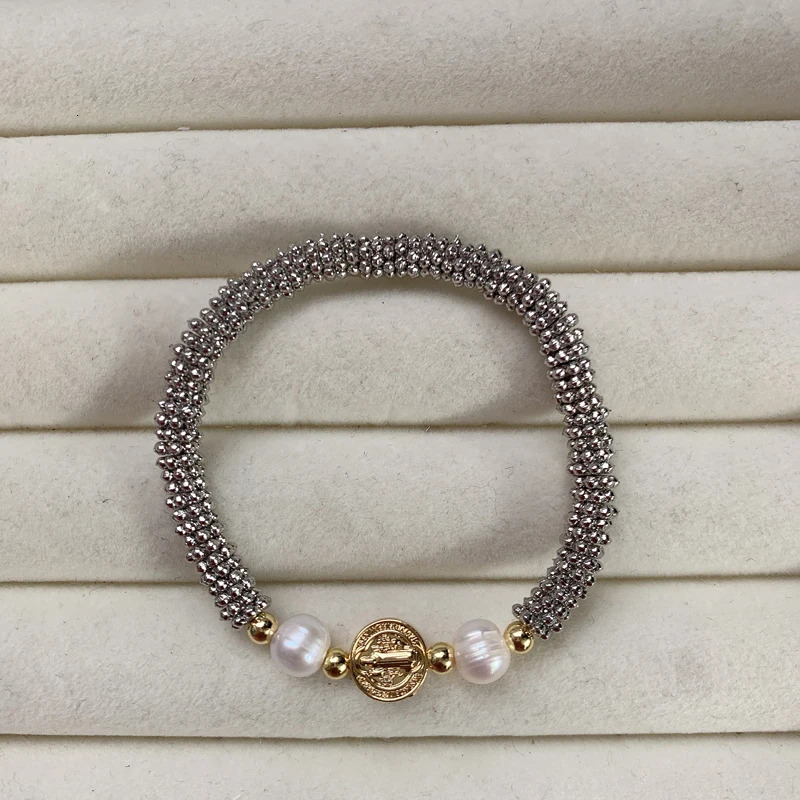 Faith SAN Benito Charm Bracelet Gold Plated Brass Freshwater Pearl Zircon Heart Bead Blessed Adjustable Bracelet Jewelry 240719