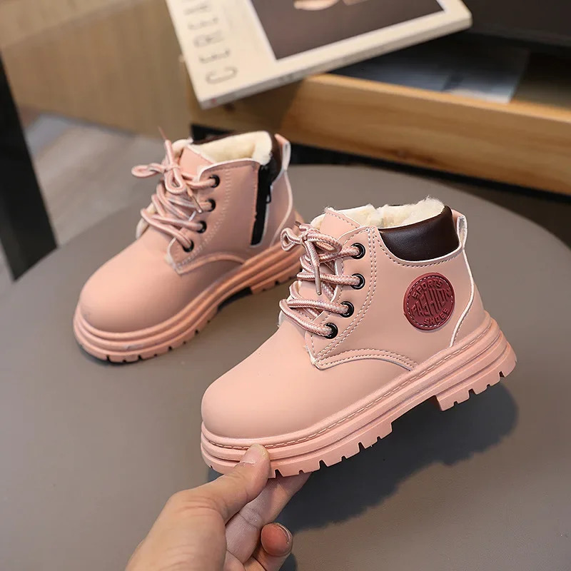 Winter Kids Combat Boots Furry Lined Children Ankle Boots Fashion Boys Girls Short Boots Student Non-slip Shoes Footwear H07032 240710