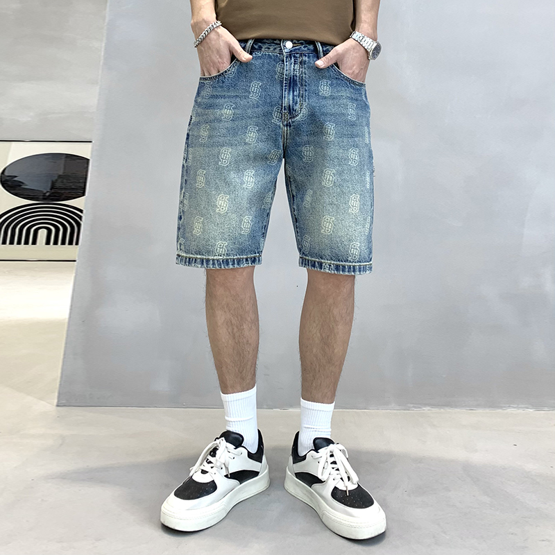 Quality printed denim shorts for men's summer new style, loose and versatile, trendy Korean version five quarter pants