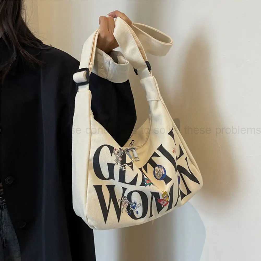 Gentlewoman Large Capacity Letters Canvas Portable Shoulder Tote Bags Students Crossbody Bag Fashion Outing Handbags Z240910