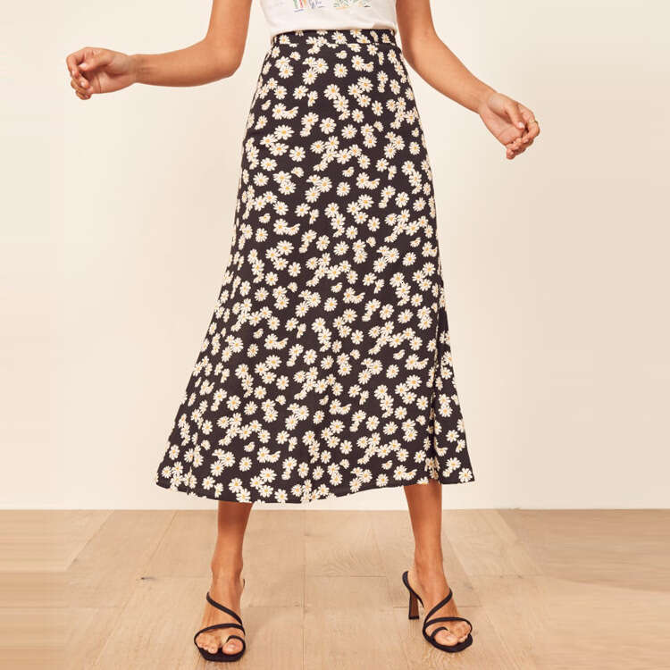 R Ref Half Women S Summer Polyester Fiber Mid Length High Waist Hip Wrapping Daisy Floral Skirt Bifurcated Self Cultivation Oversize Dress Denim Dress