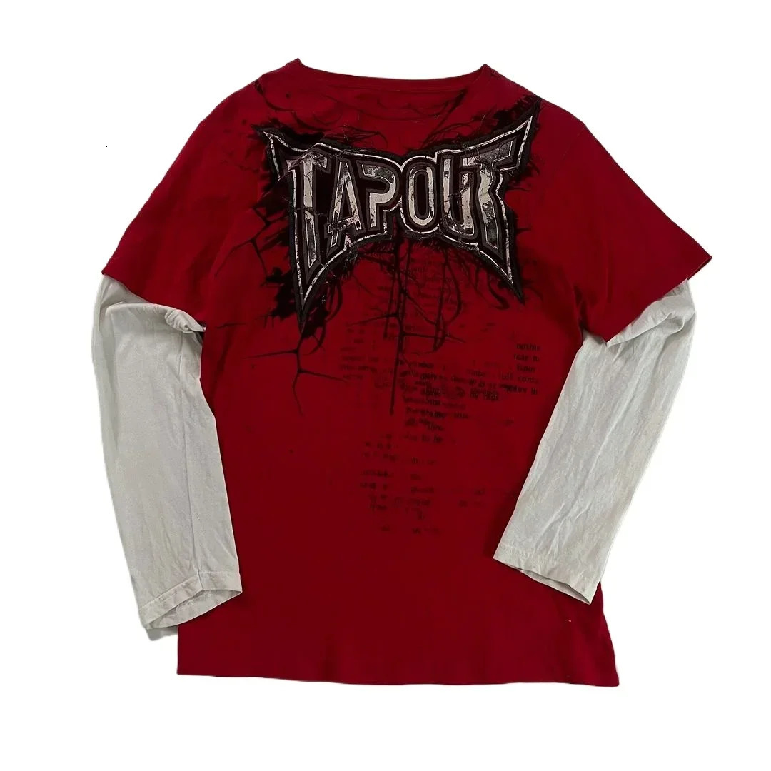 Y2K Mens Hip Hop Red Collar Printed Round Neck Long Sleeve Casual Gothic Clothing Top 240718