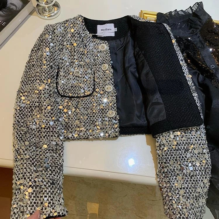 Elegant Heavy Sequins Starlight Silver Jackets Spring Long Sleeve Coat Women Y2k Grunge Oneck Single Breasted Tops Mujer 240719w - view 6