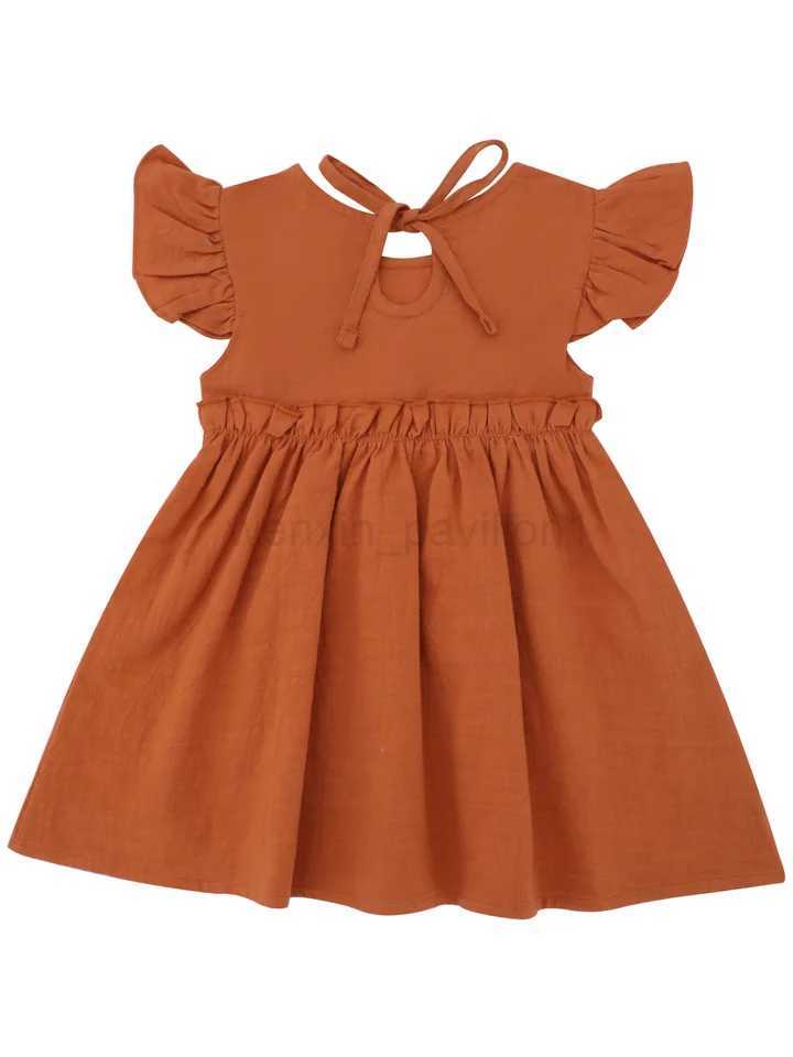 Girls Flutter Sleeve Princess Dress with Tie Childrens Clothing Solid Color Cotton European and American Style NewstyleXJ240720
