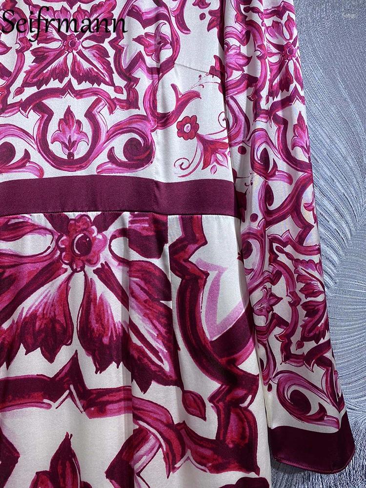 Casual Dresses Seifrmann High Quality Summer Women Fashion Designer Real Silk Dress Long Sleeve Red White Porcelain Printed Penci