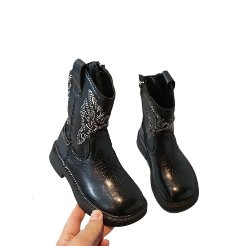 Embroidery Girls Cowboy Boots PU Leather Round Toe Zip Kids Mid Calf Short Shoes PU Leather Solid Children Fashion Boots 240710