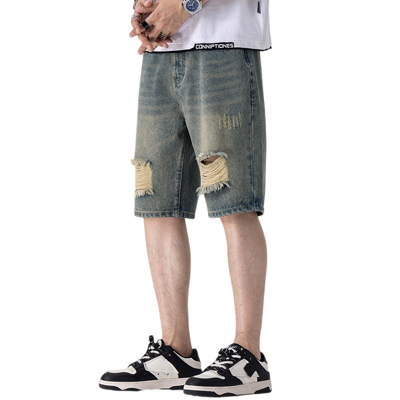 Summer brand fashion trend young ripped denim five quarter men's shorts