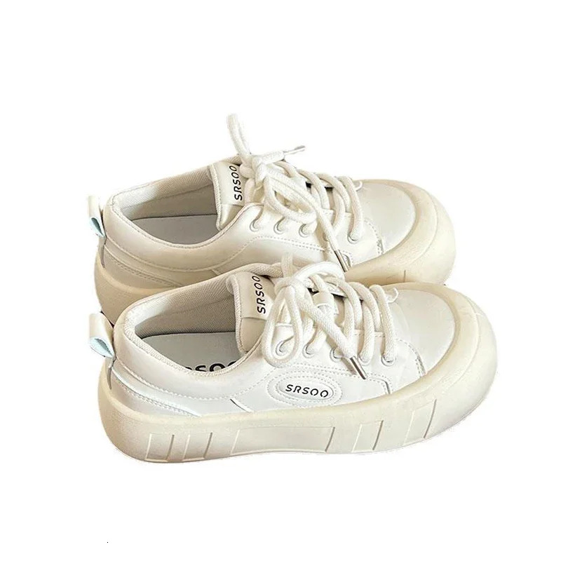 Versatile Thick Bottom Casual Sneakers 2024 New Advanced Little White Solid Color Lace-up Sports Board Shoes Women