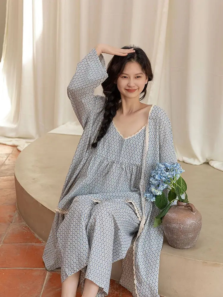 Women Spring Summer 3 Pcs Pajams Gown Set Female Sweet Geometric Printed Robe Top Pants Home Clothing Casual Loose Nightdress 240712